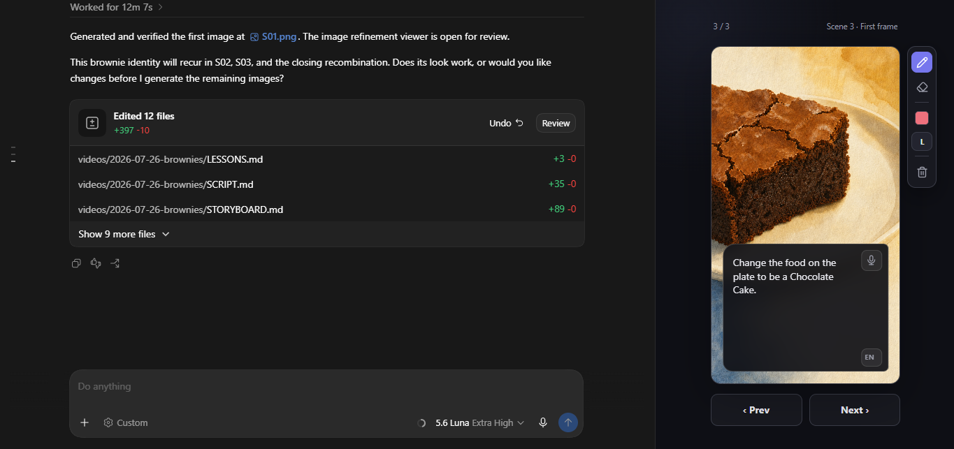 Vira image review viewer: a generated frame open for review with a revision prompt and the review notes alongside.