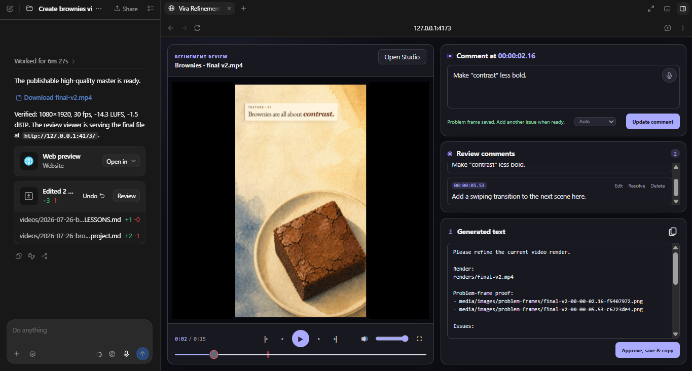 Vira video review viewer: the encoded render playing with timestamped comments and a saved problem frame.
