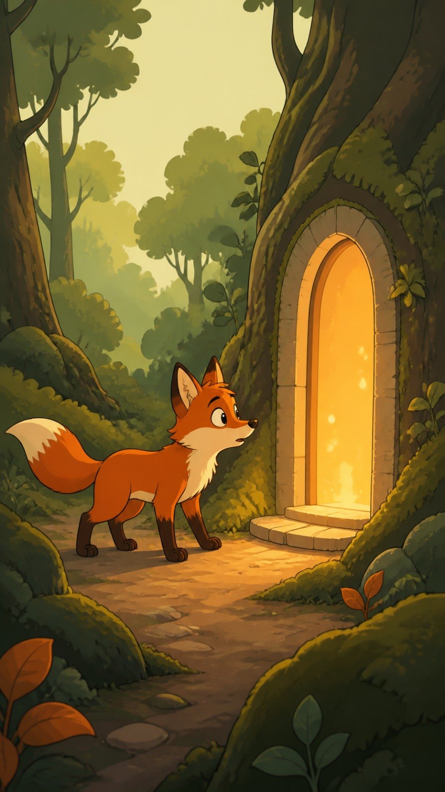 Fox and Door scene in 2D Cartoon style.