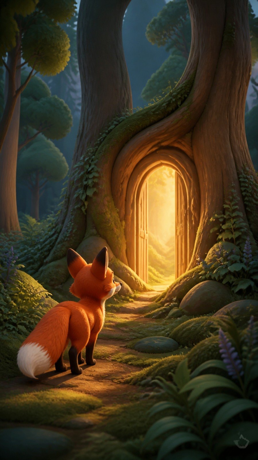 Fox and Door scene in 3D Cartoon style.