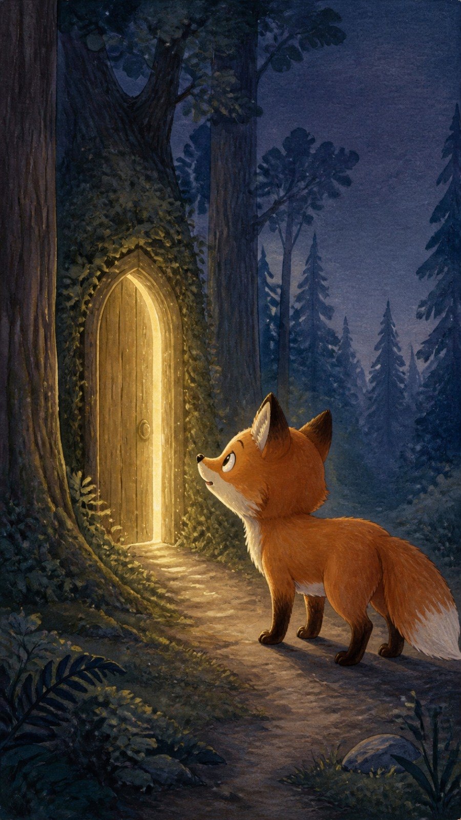 Fox and Door scene in Storybook style.